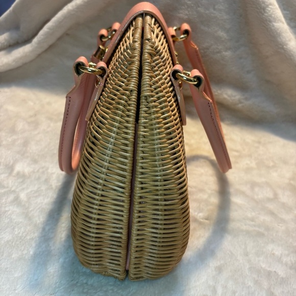 NEW Banana Republic Woven Bag Tan Rattan Pale Pink Leather Gold-tone Hardware - Picture 3 of 16